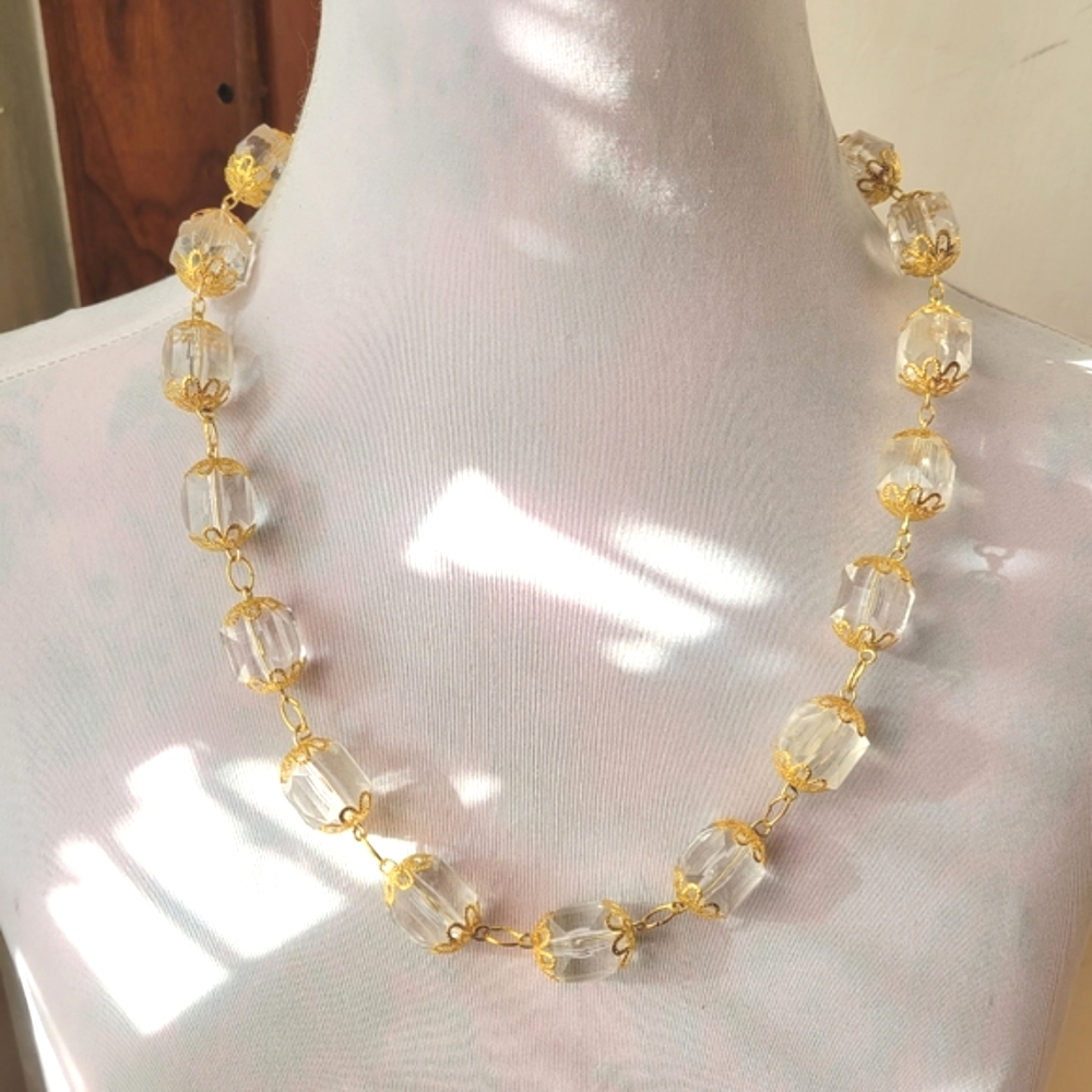 Handmade necklace chunky crystals gold tone clear